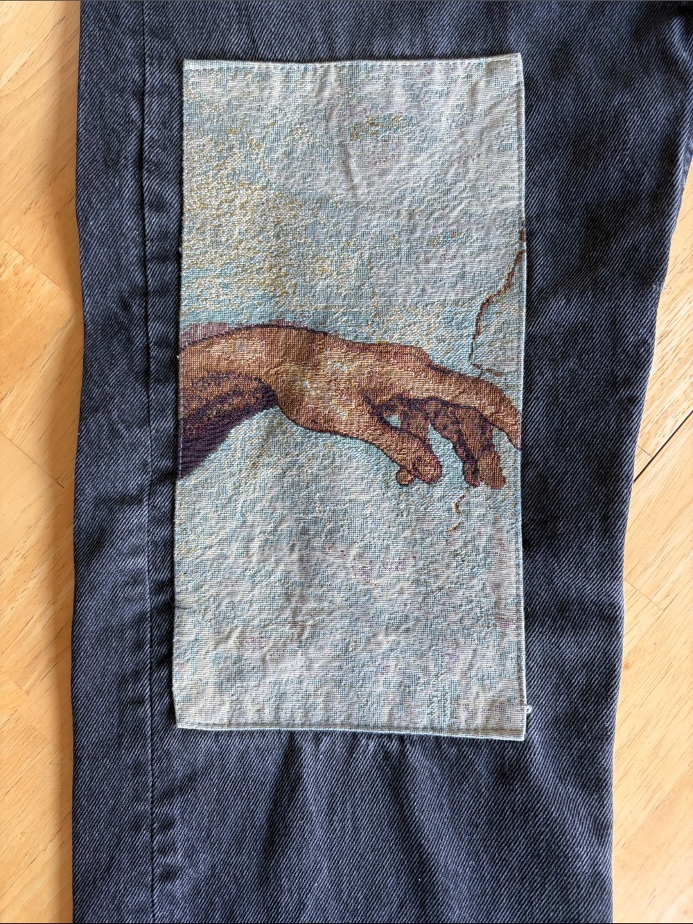 Levi's Black Distressed Jeans w/ Creation of Adam Knee Patch Art | 34x28 - Picture 7 of 11